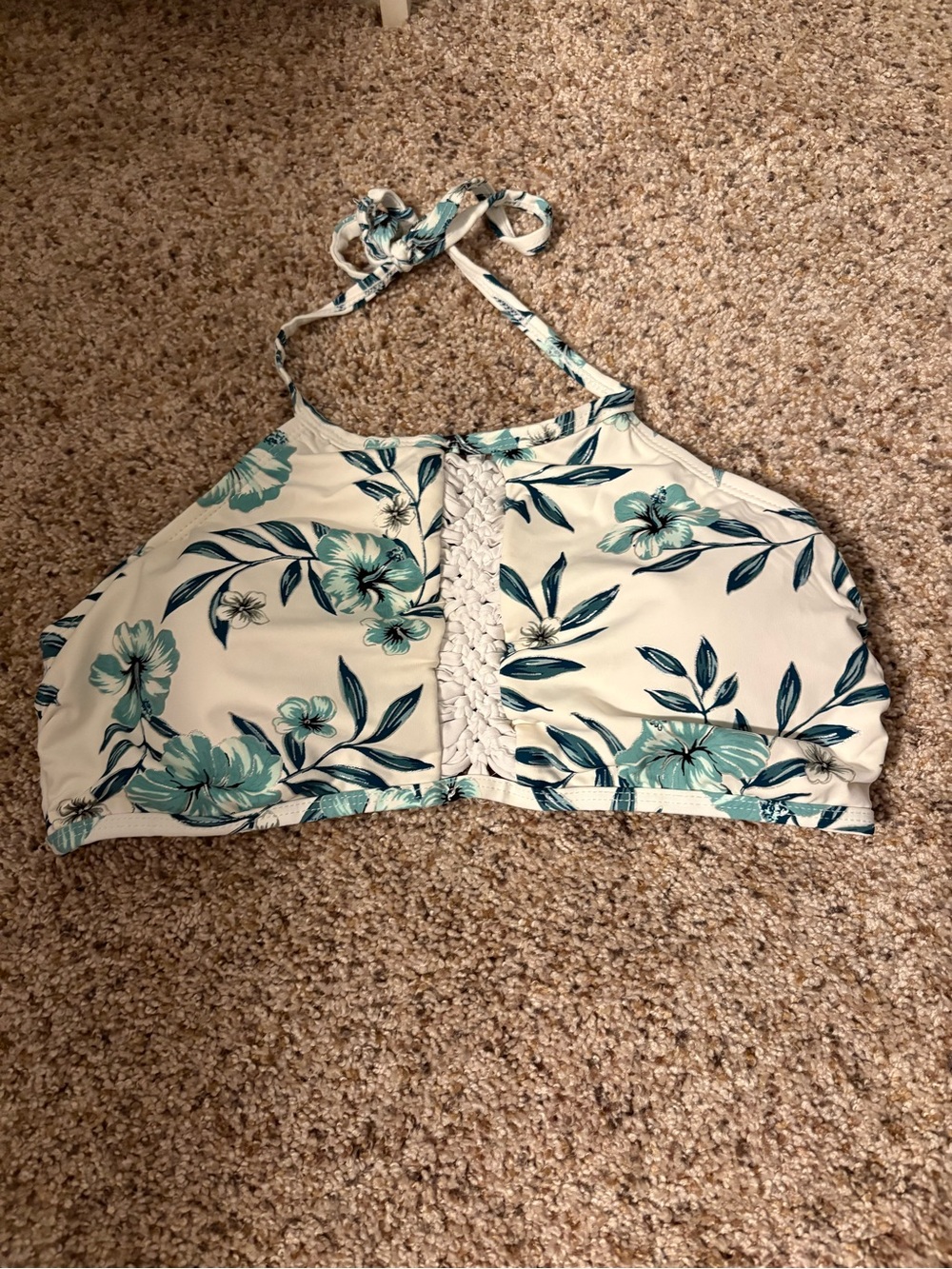 Ambrielle Floral High-Neck Bikini Top in Cream and Teal